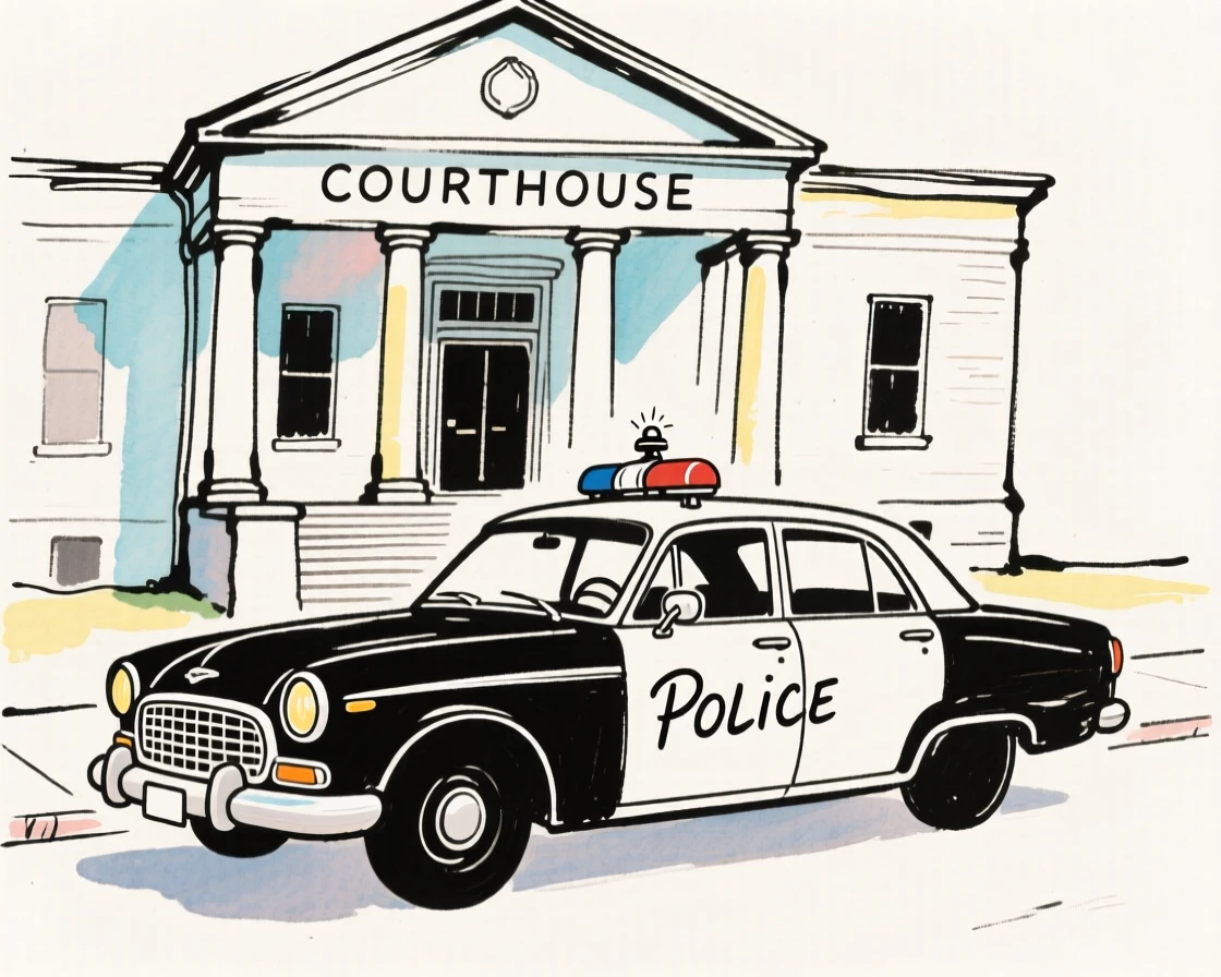 A vintage police car parked outside an old-fashioned courthouse.