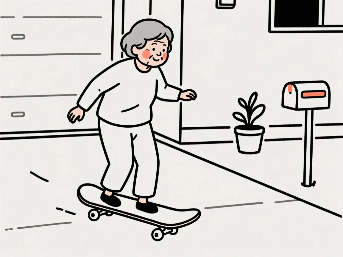 An elderly woman learning to skateboard in a driveway.