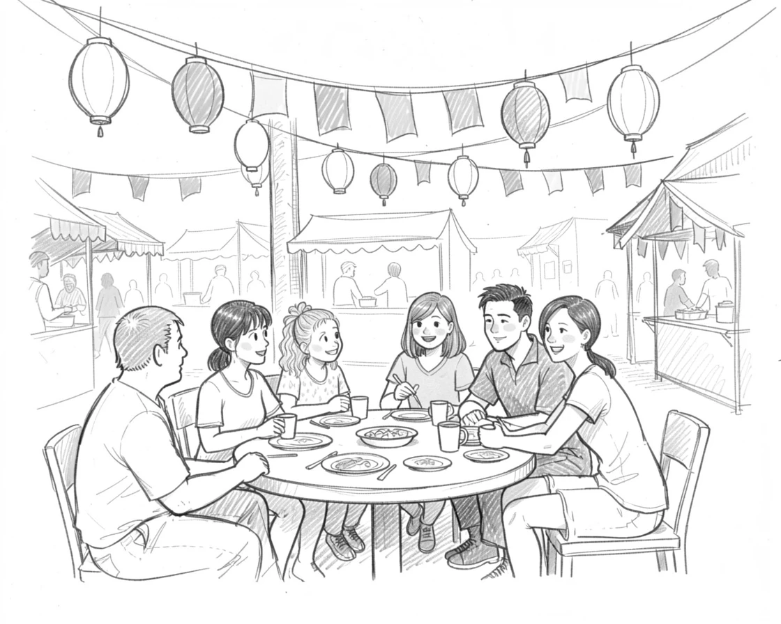 A vibrant cultural scene of friends sharing a meal beneath strings of lanterns in a vibrant open-air bazaar, with colorful flags strung overhead.