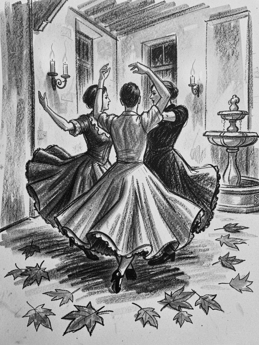 Dancers performing a traditional flamenco in a candlelit courtyard, with autumn leaves scattered underfoot.