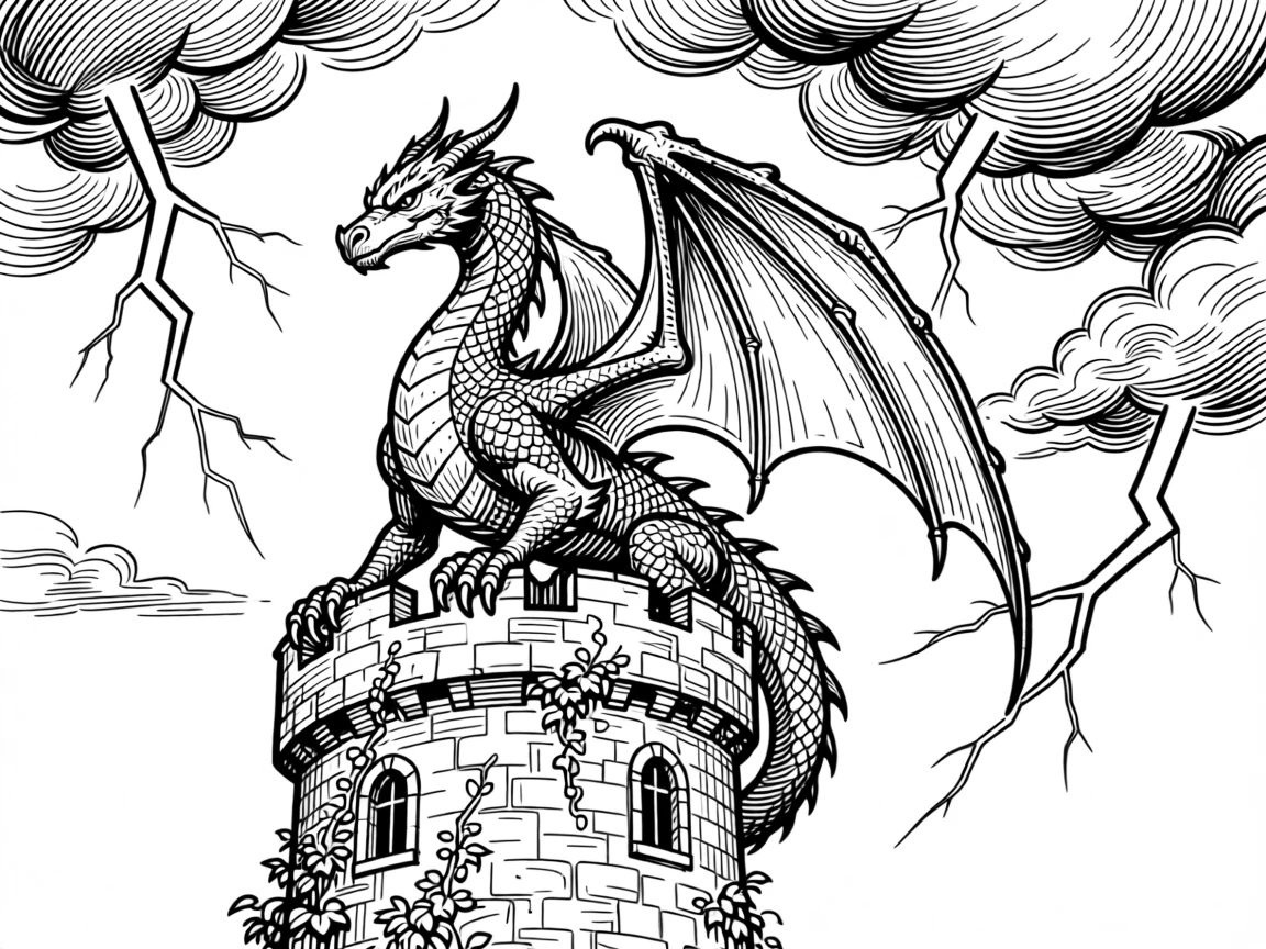 A dragon perched atop an ancient castle, guarding it from an approaching storm.