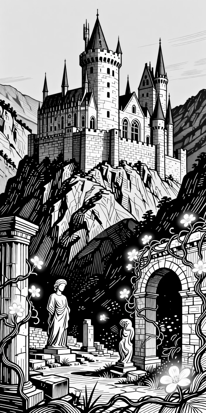 A castle built into the side of a mountain in a valley scattered with ancient ruins, with vines wrapped with softly glowing blossoms, forming a hauntingly beautiful fantasy scene.