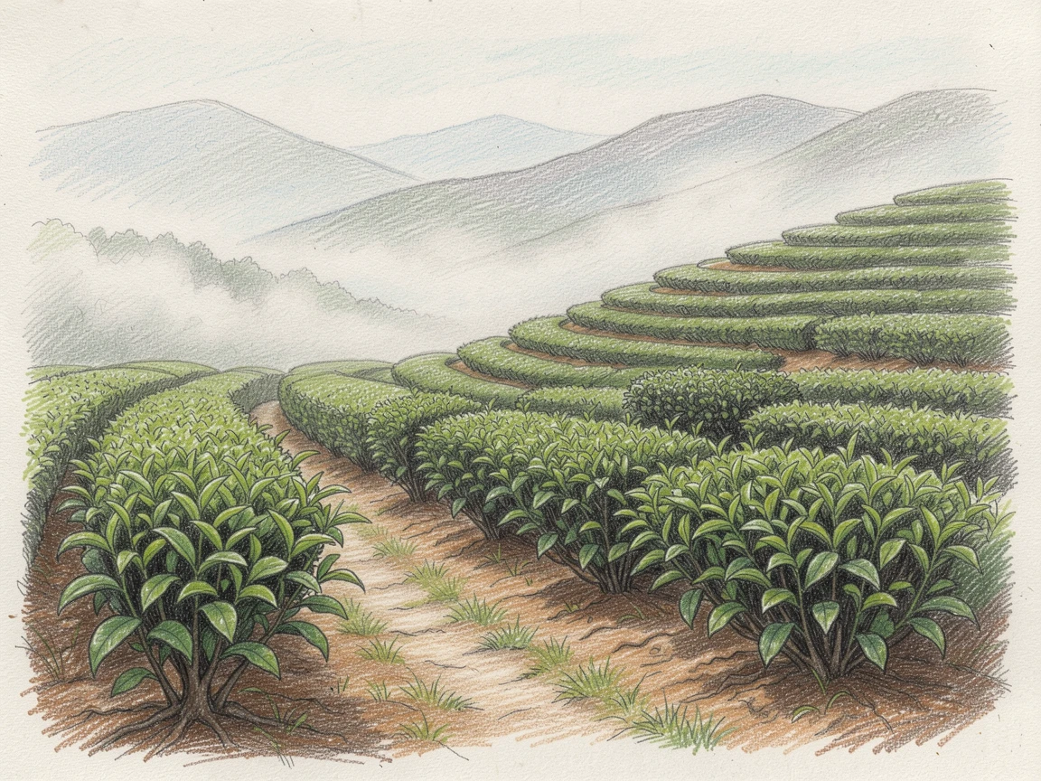 A misty tea plantation with rows of green bushes on rolling hills, with rich, inviting textures throughout the scene, evoking nostalgia and a deep sense of contentment.