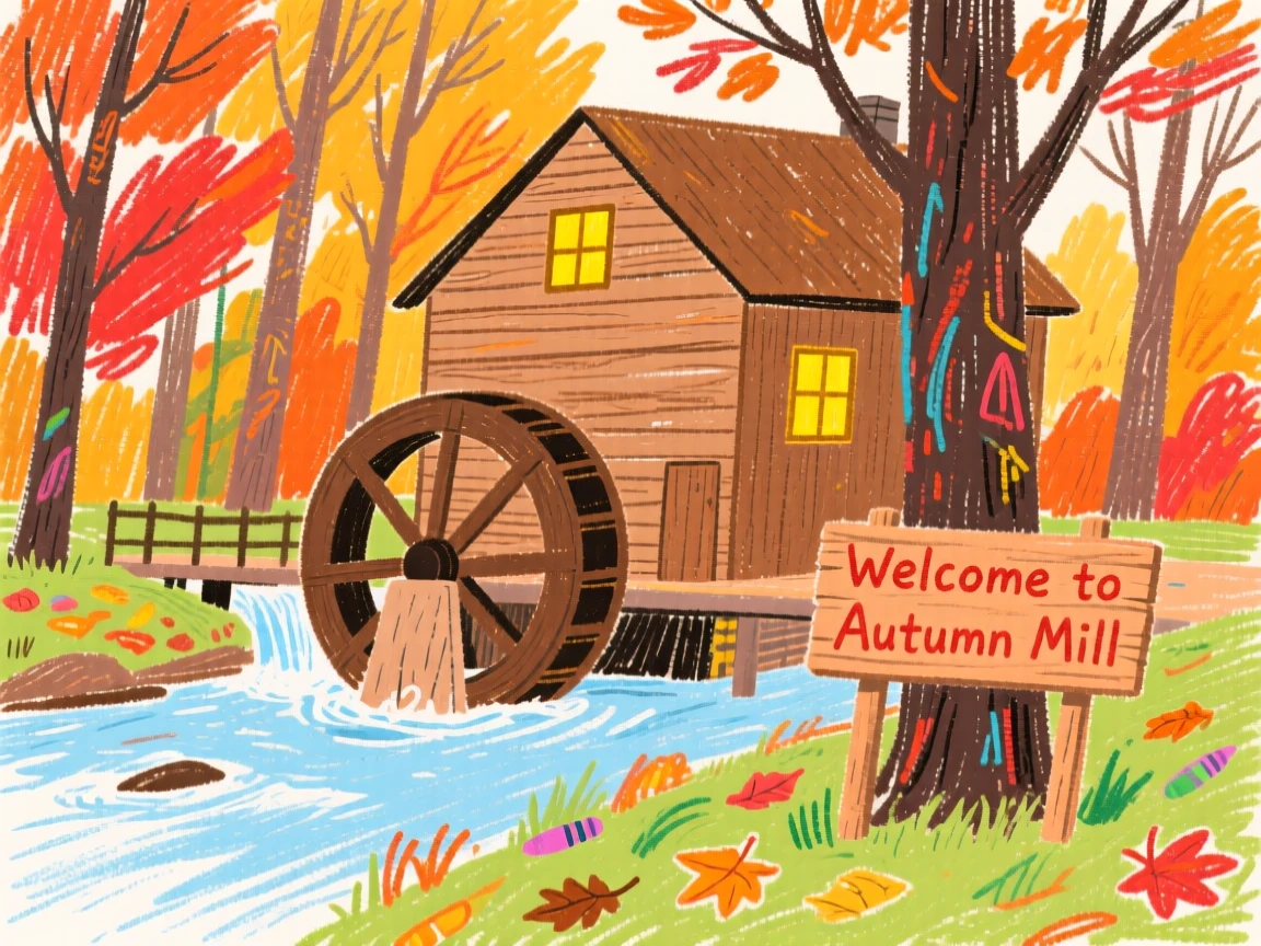 A riverside mill framed by tall autumn colored trees.