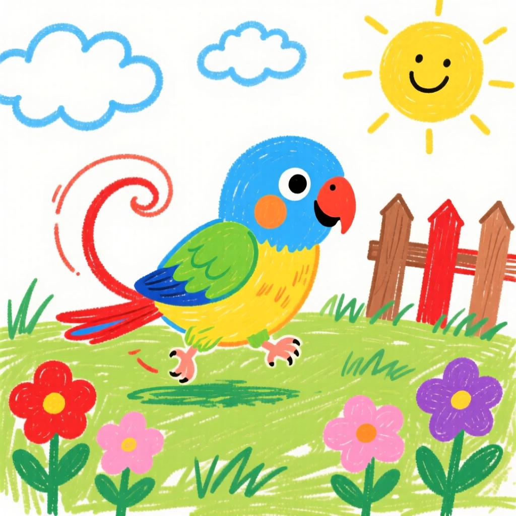 A parakeet with bright feathers chasing its tail in a sunny backyard.