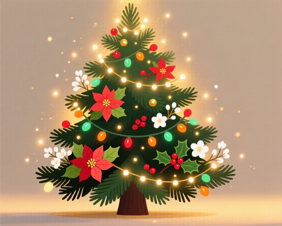 A festive Christmas tree glowing with warm colorful lights, decorated with seasonal flowers and warm lighting, composed with a warm golden glow throughout, with warm twinkling lights adding a magical sparkle.