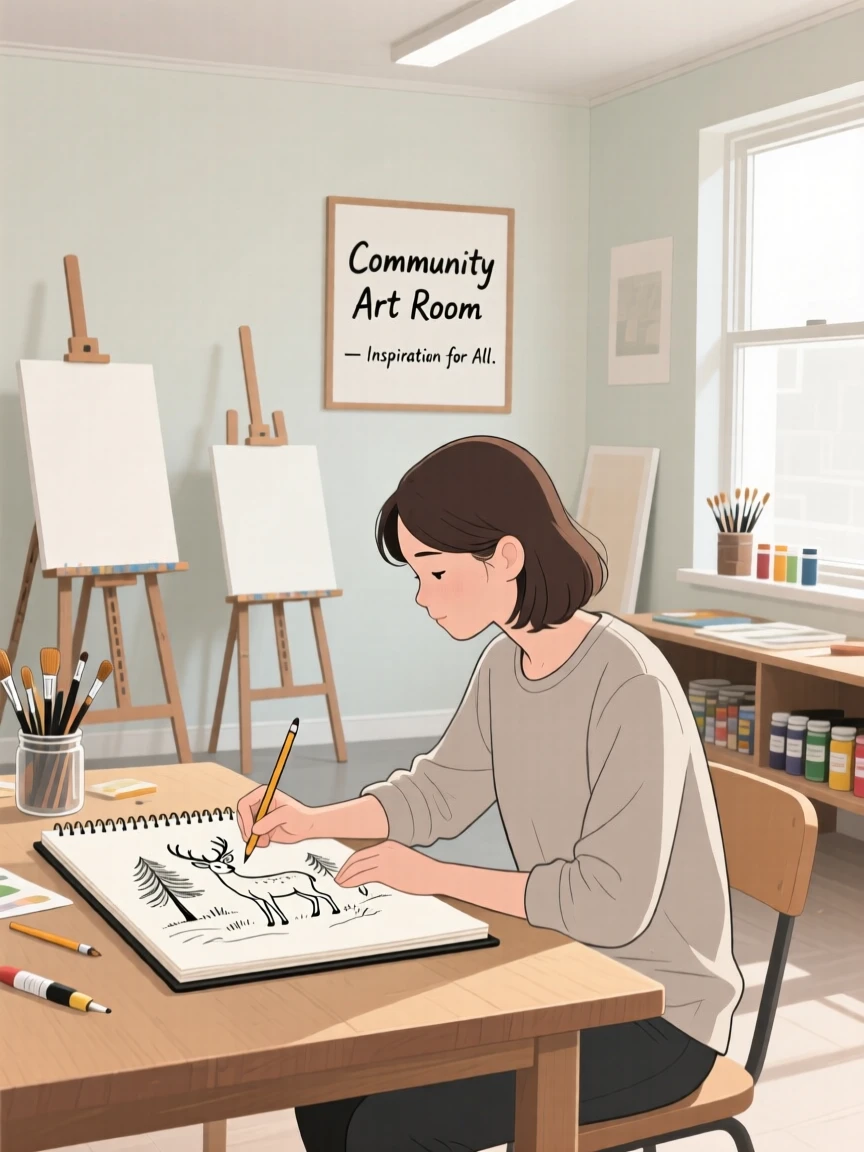 A person sketching wildlife in a community art room.