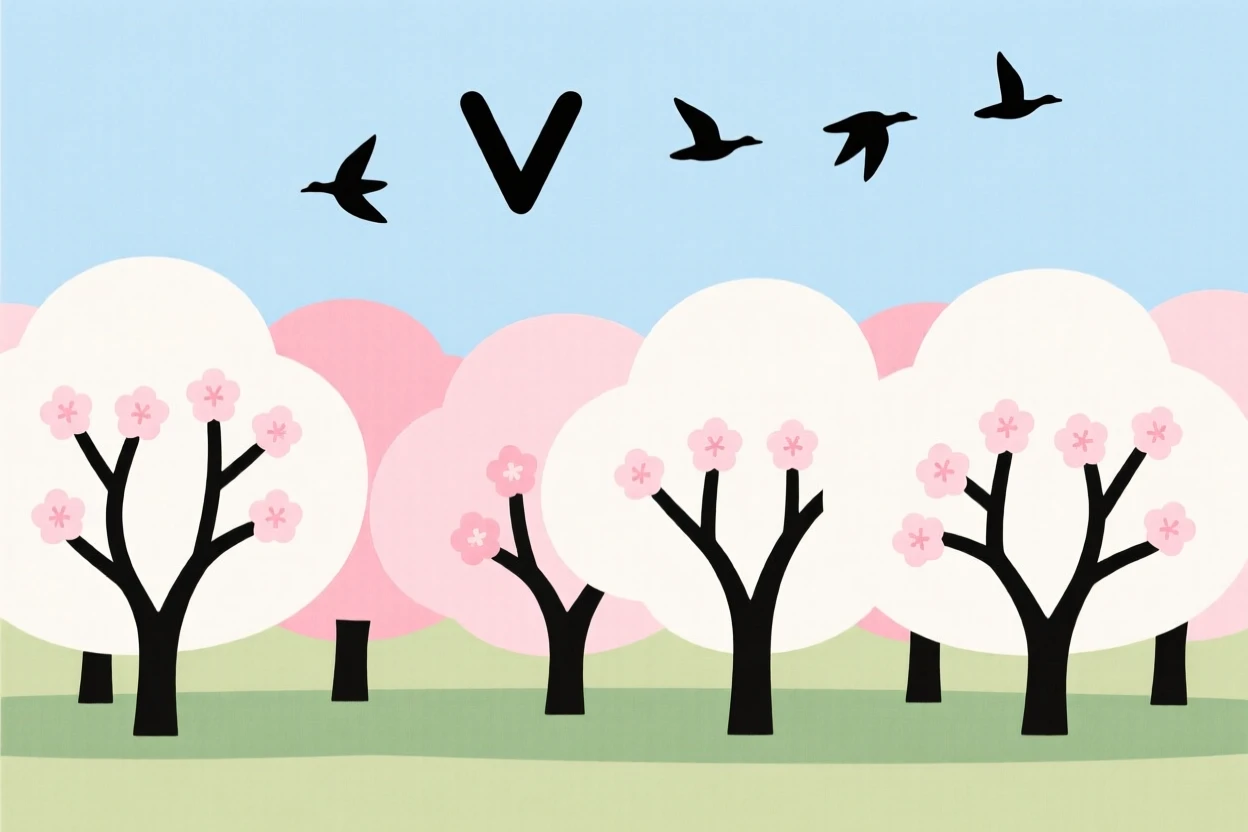 An orchard, transformed by canopy of blossoming trees, with migrating geese overhead scattered throughout, captures nostalgic comfort.