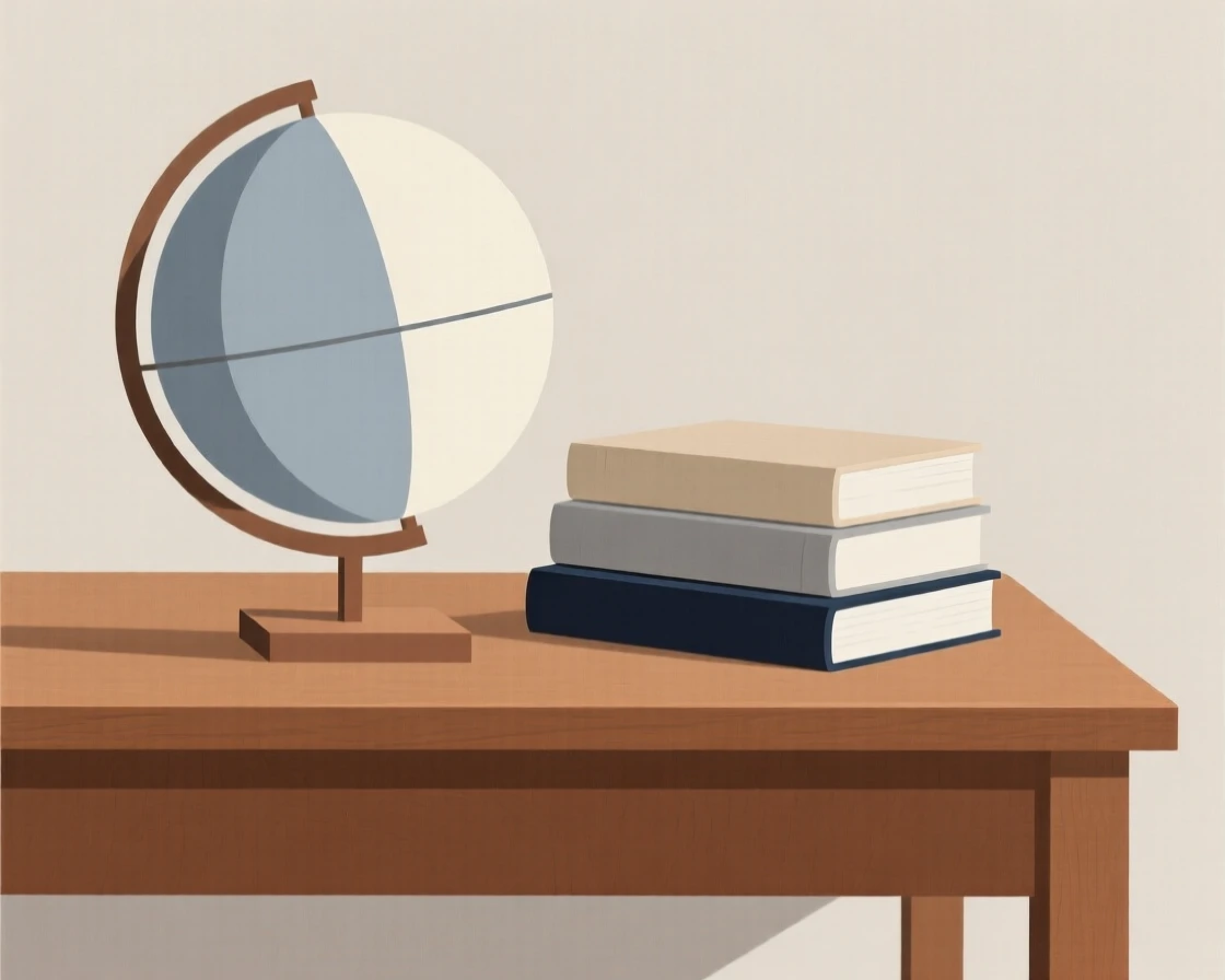 A globe and books arranged on a wooden desk