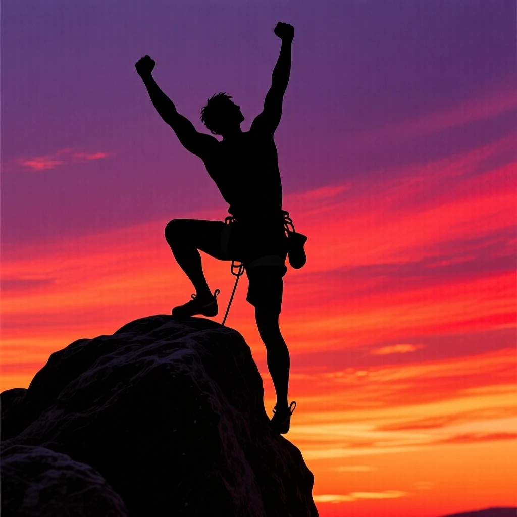 A climber topping out on a boulder, both arms raised in triumph.