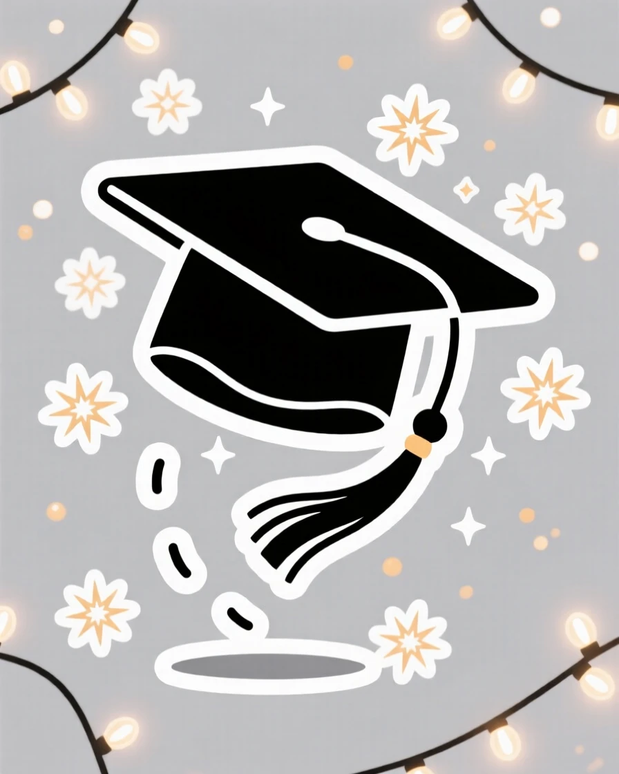 A delightfully whimsical graduation cap tossed into the air, surrounded by twinkling fairy lights, during a beloved yearly tradition.