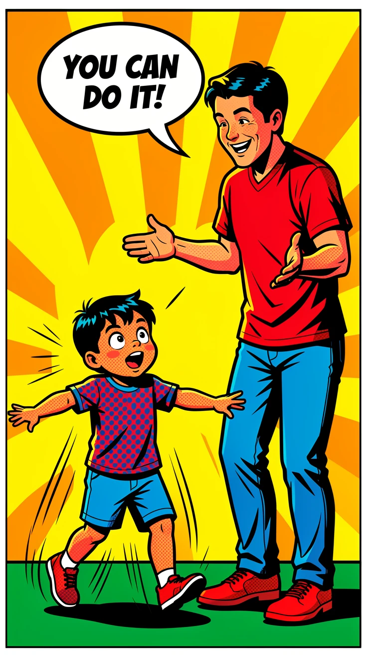 A child taking their very first wobbly steps toward a parent