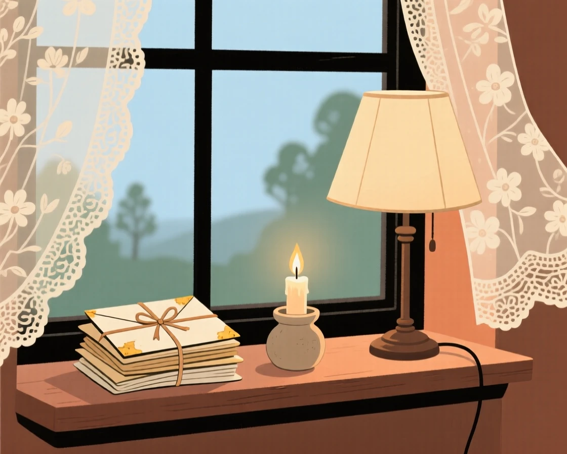 A windowsill holds a simple arrangement of a stack of old letters and a candle, lit softly by the glow of a nearby lamp beside a lace curtain.