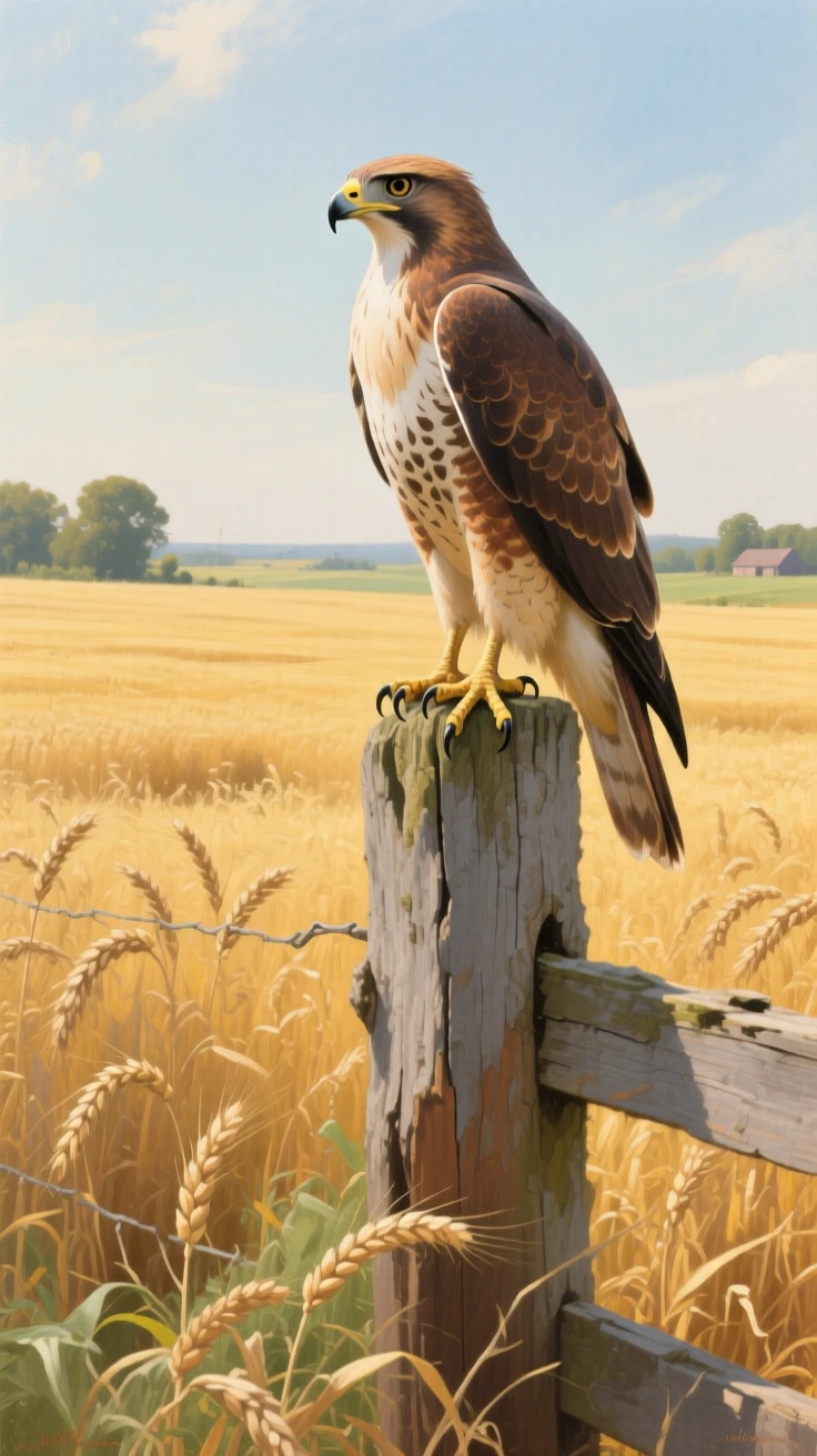A well-framed scene of a hawk perched on a fence post surveying a golden field, during the summer harvest, at midday.