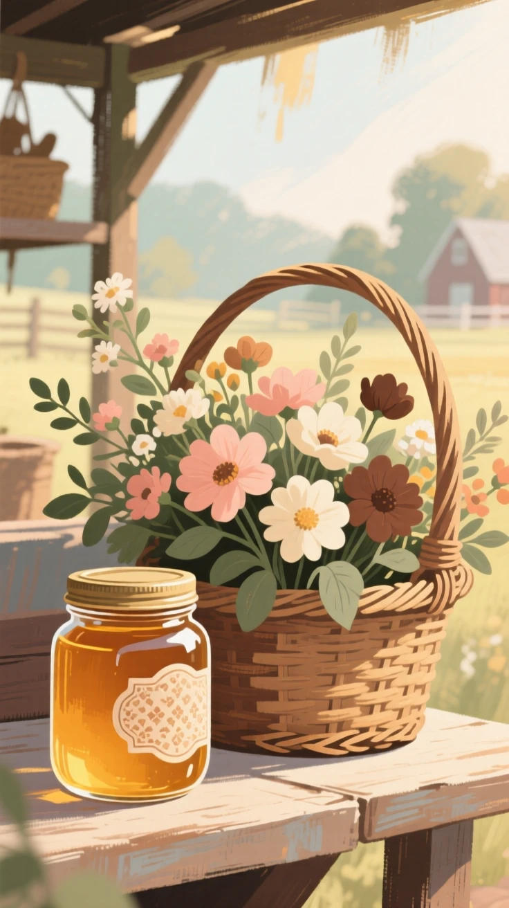 A jar of honey beside a basket of fresh flowers at a farm stall