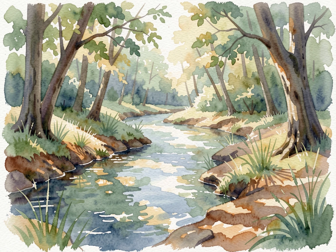 A gentle stream flowing through a peaceful forest clearing with a gentle, restorative stillness.