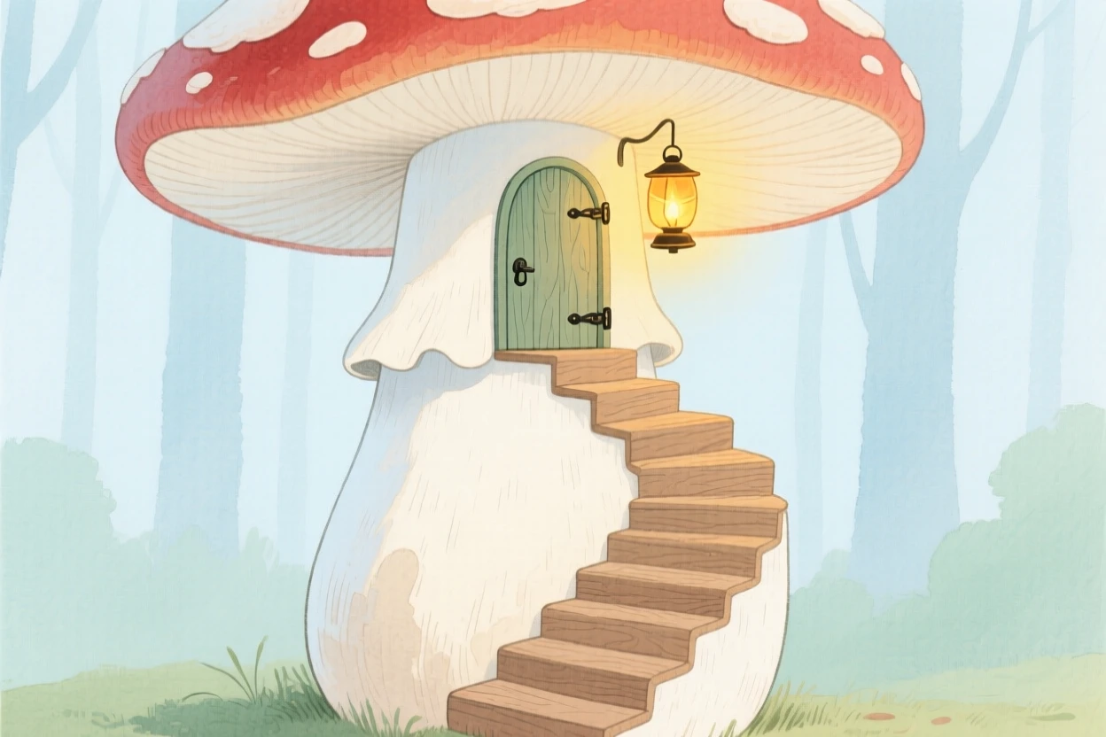 A spiral staircase carved into a giant mushroom leads up to a tiny door glowing with warm lantern light