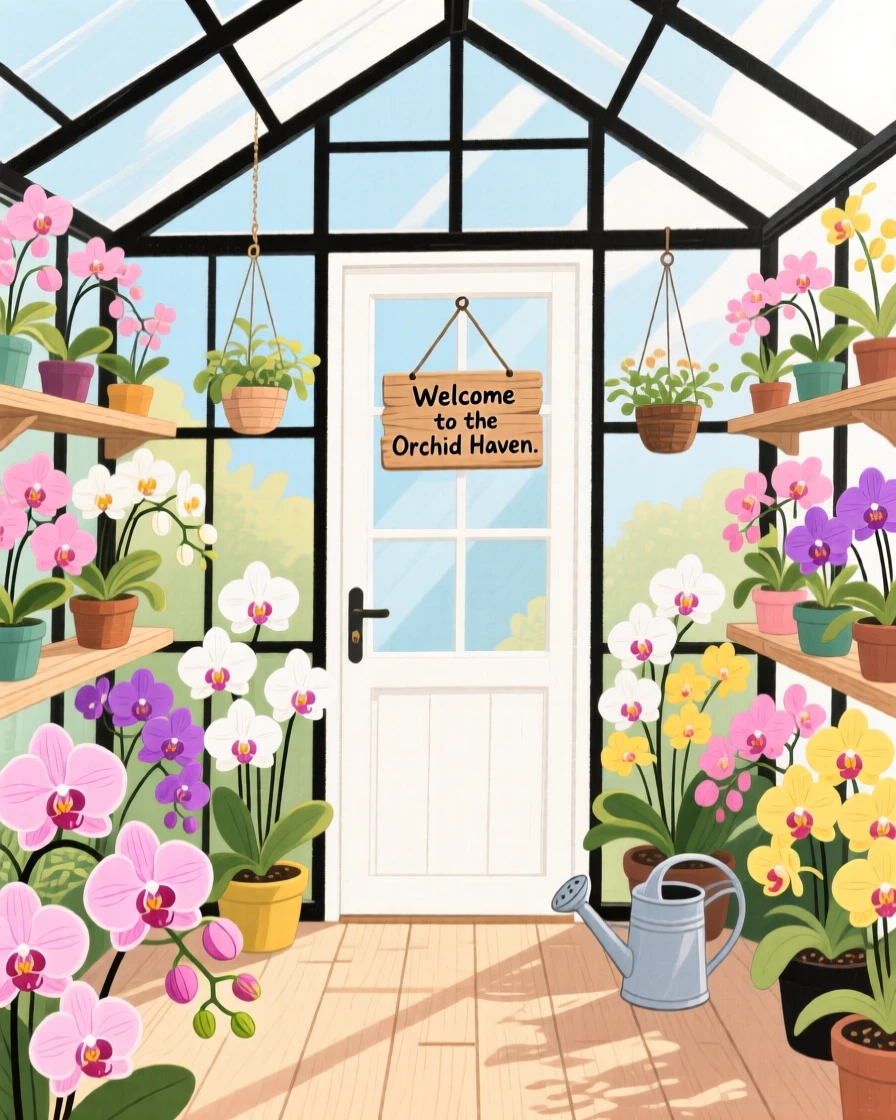 A greenhouse full of blooming orchids, warm and inviting on a quiet afternoon.