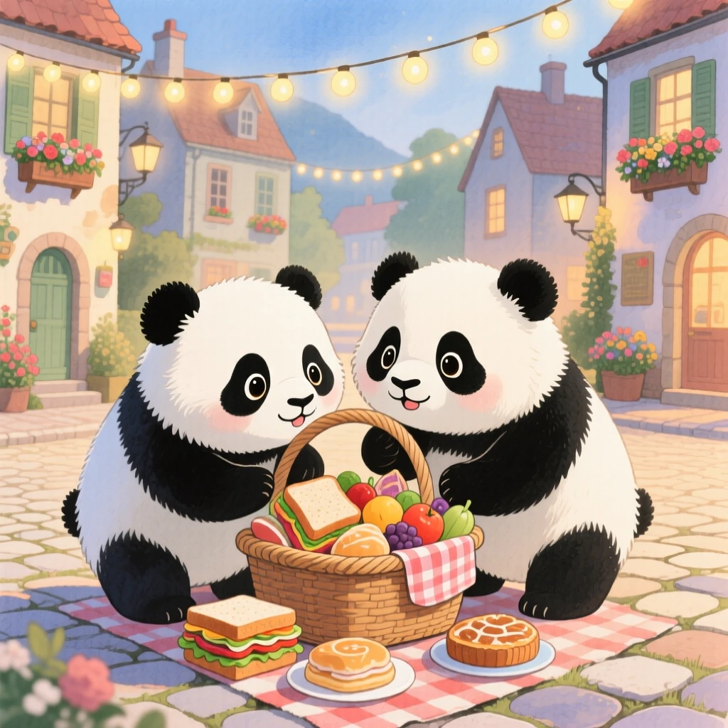 A pair of pandas poking its nose into a picnic basket, set in a village square decorated with fairy lights, filled with wide-eyed wonder.