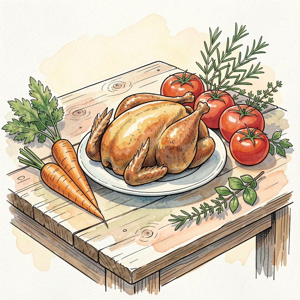 A farmhouse table set with roasted chicken, vegetables, and fresh herbs, the aroma almost palpable in the soft afternoon light.