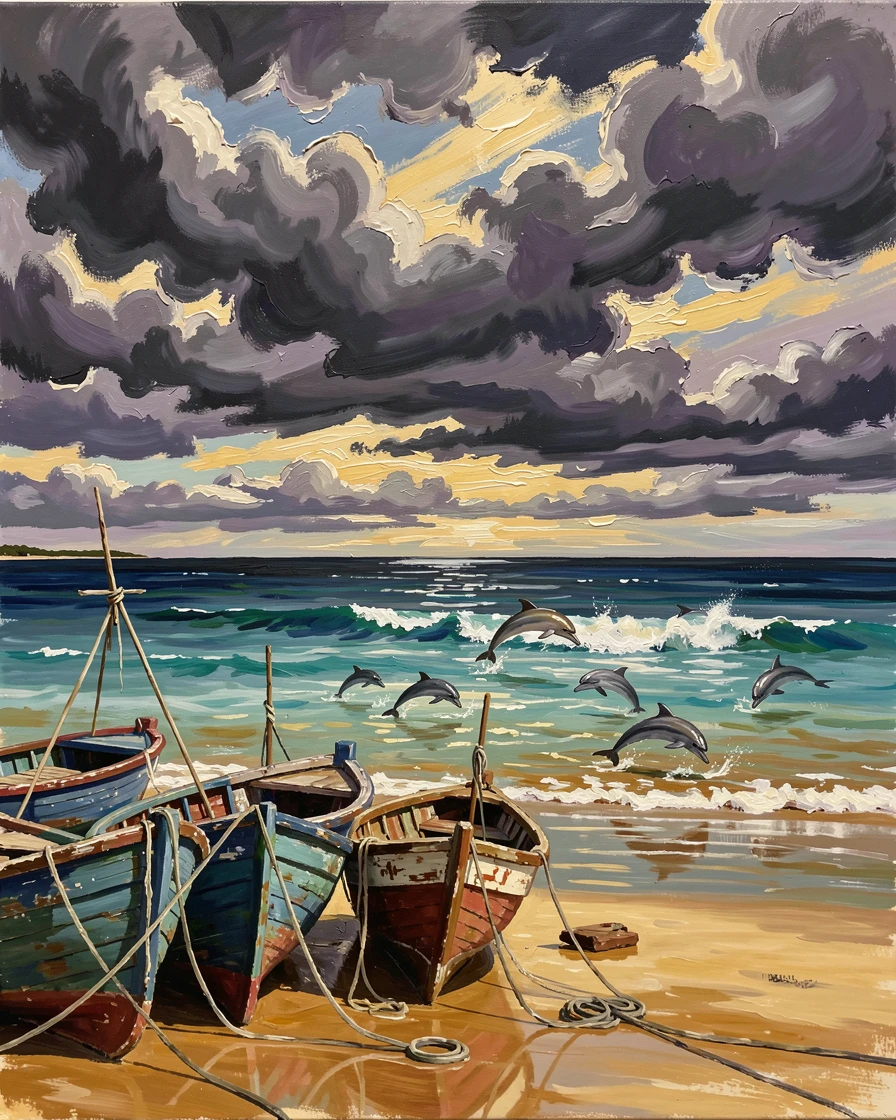 Where fishing boats rest on the sand at low tide, a secluded bay with turquoise water, a pod of dolphins leaping just beyond the breakers, under a dramatic sky with storm clouds rolling in over the sea.