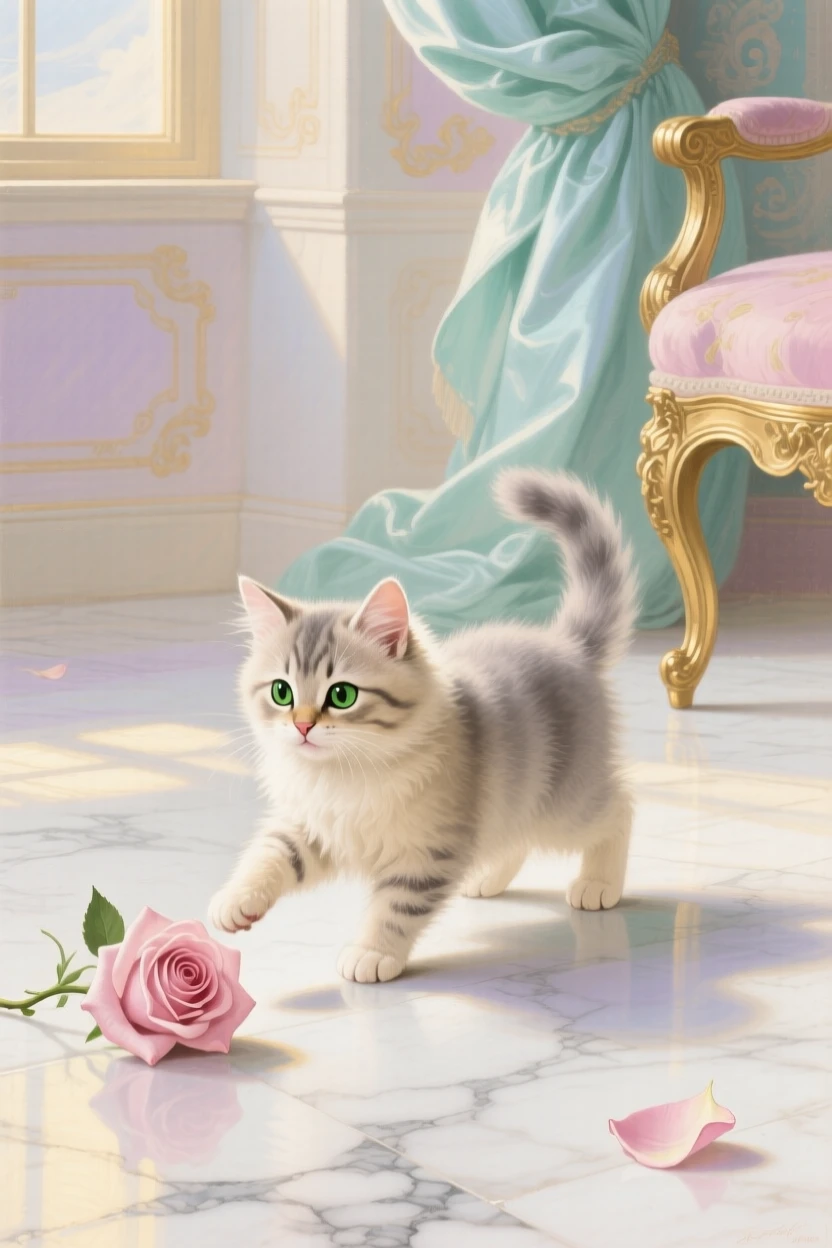 A kitten batting at a fallen rose petal on a marble floor  