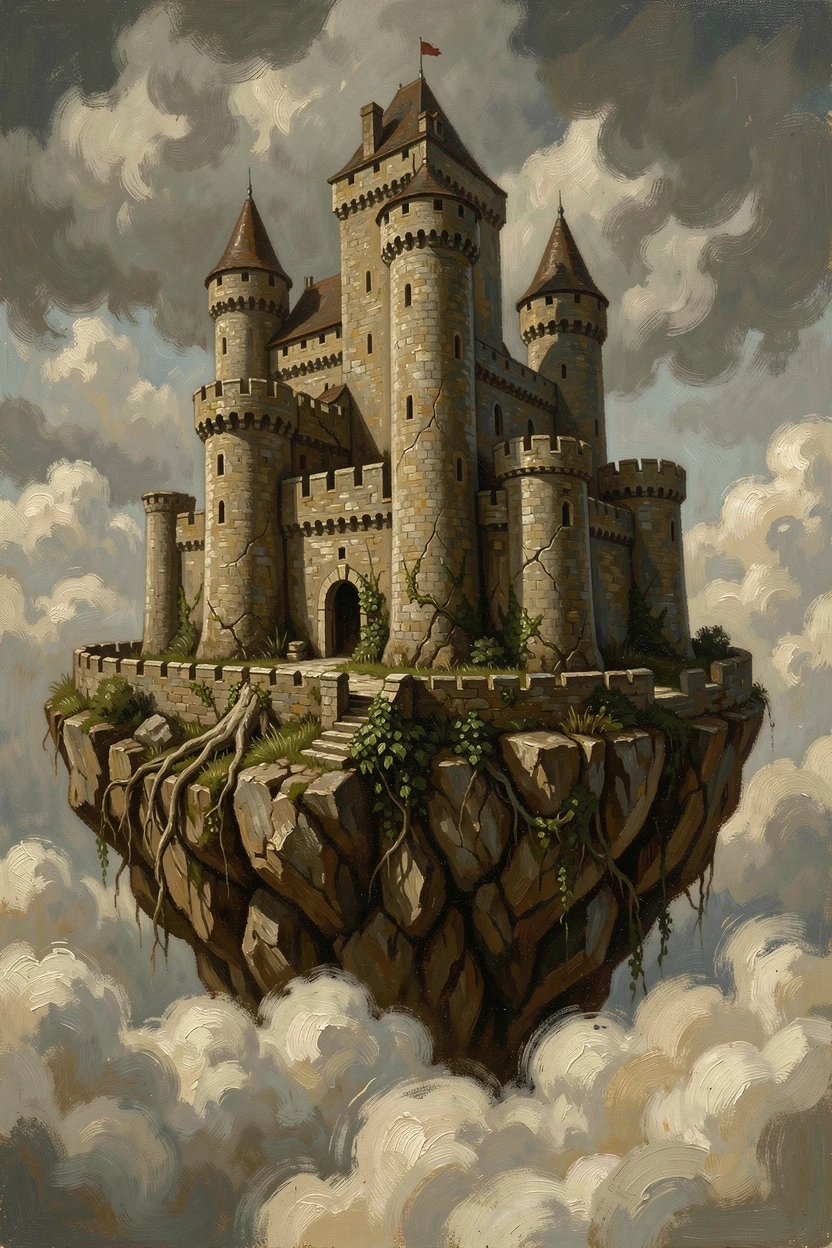 A towering castle perched on a floating island above the clouds, with a sense of scale that conveys awe and grandeur, evoking wonder, mystery, and epic storytelling