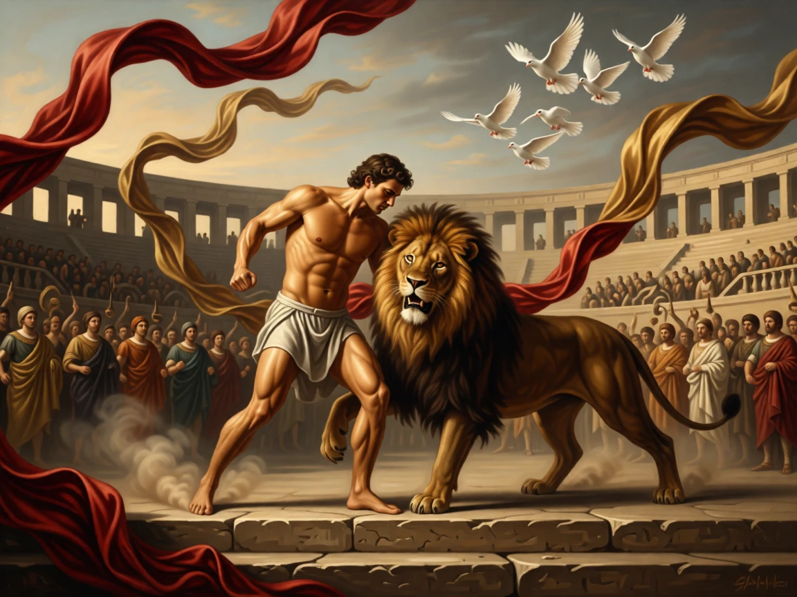 Hercules wrestling the Nemean lion with bare hands amid swirling banners and rising dust, set on the steps of a grand amphitheater filled with spectators, with a flock of startled doves scattering into the sky above; sweeping drapery and gesture guide the eye across the whole scene, capturing the timeless clash of glory and mortality.