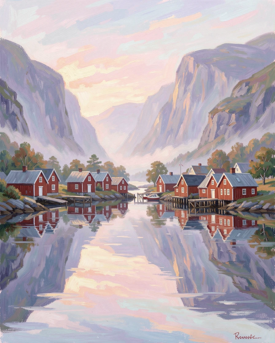 A quiet fjord village in Norway with red wooden houses reflected in glassy water beneath towering cliffs, in the gentle hush of early morning.