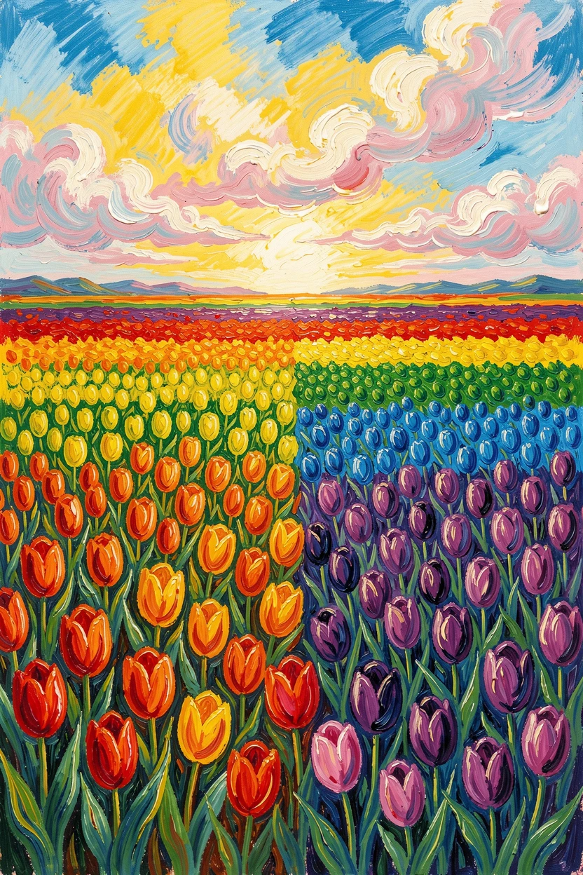 A field of tulips arranged in rainbow stripes beneath a bright spring sky.