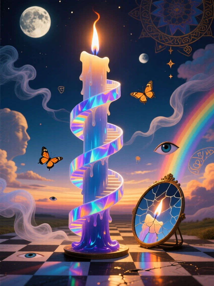 A candle whose flame burns backward, growing taller instead of shorter folds back upon itself in impossible geometry, as light bends unnaturally around every corner.