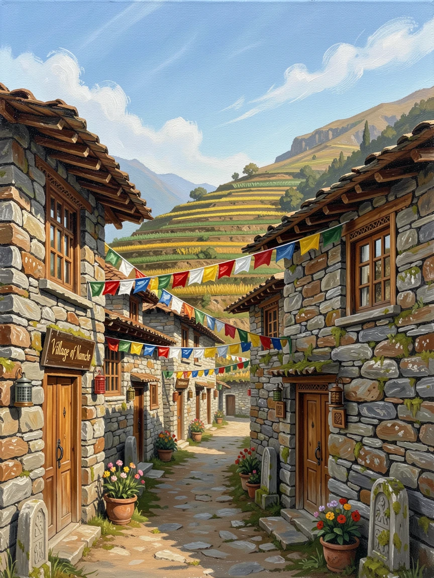 A quiet mountain village in Nepal shows prayer flags strung between stone houses, terraced fields stepping down the hillside behind, small architectural details rewarding a closer look at the surrounding structures.