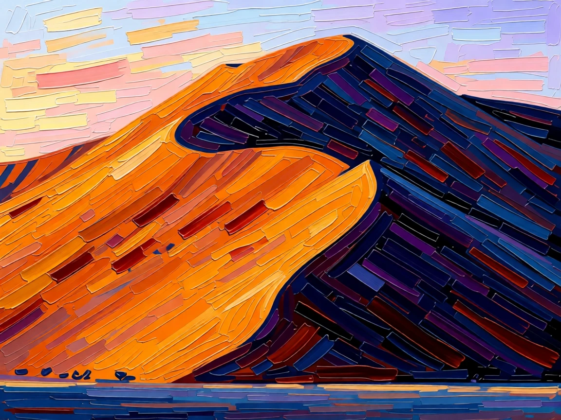 A dramatic sand dune ridge in Namibia casting a razor-sharp shadow at sunrise