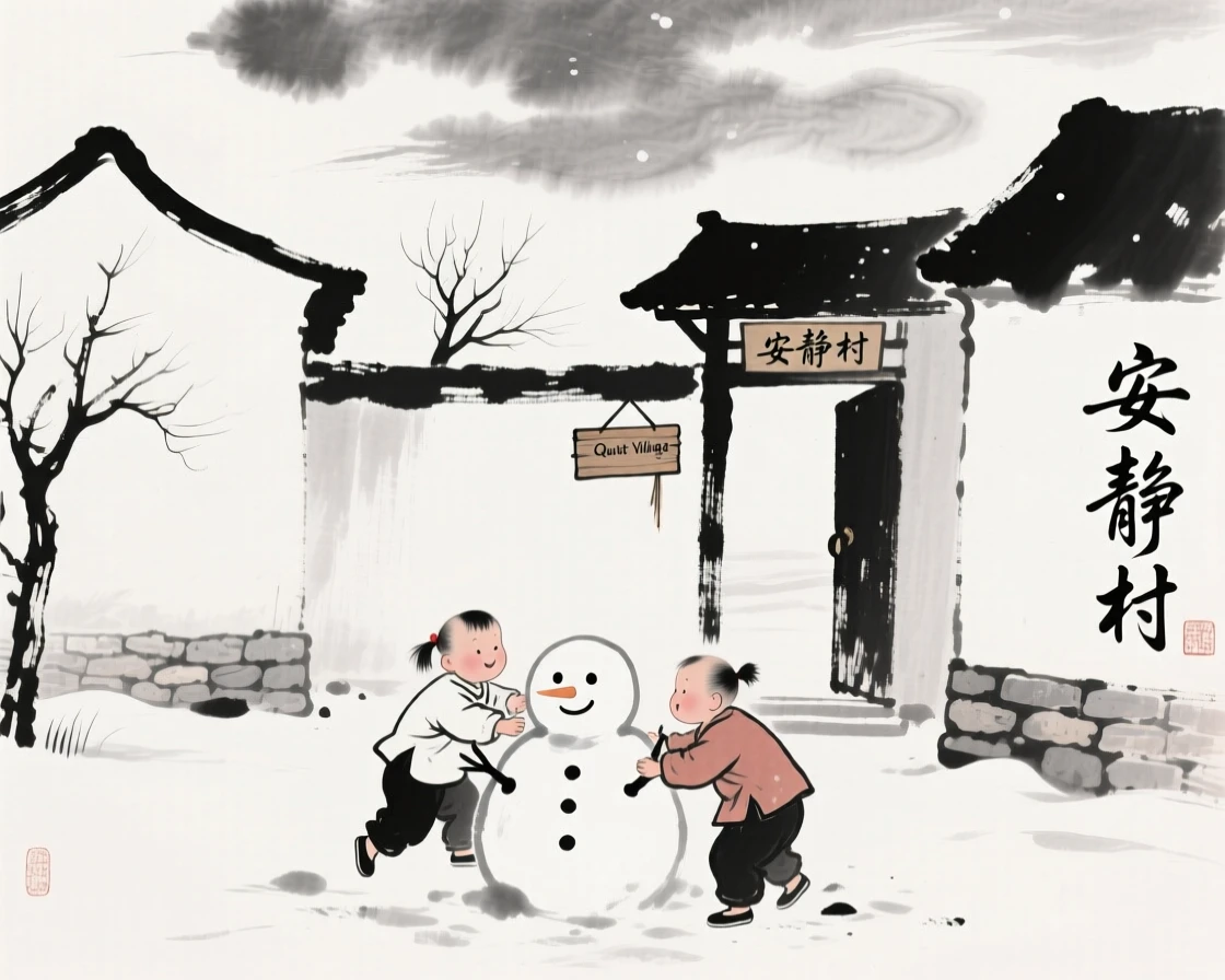 Children build a small snowman in a quiet village courtyard, beneath a sky filled with drifting clouds.