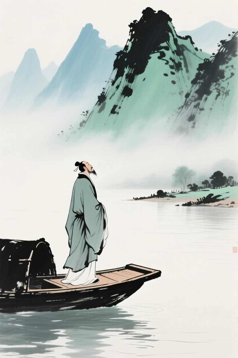 A poet standing at the prow of a small boat gazing at distant peaks, through a light drifting mist.