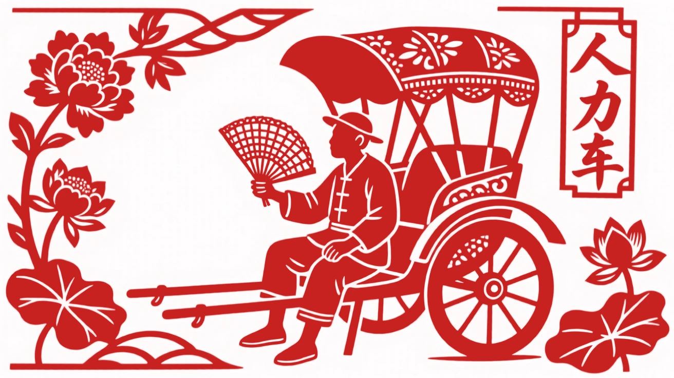 A rickshaw puller resting beside his cart in the shade, fanning himself with a woven palm-leaf fan
