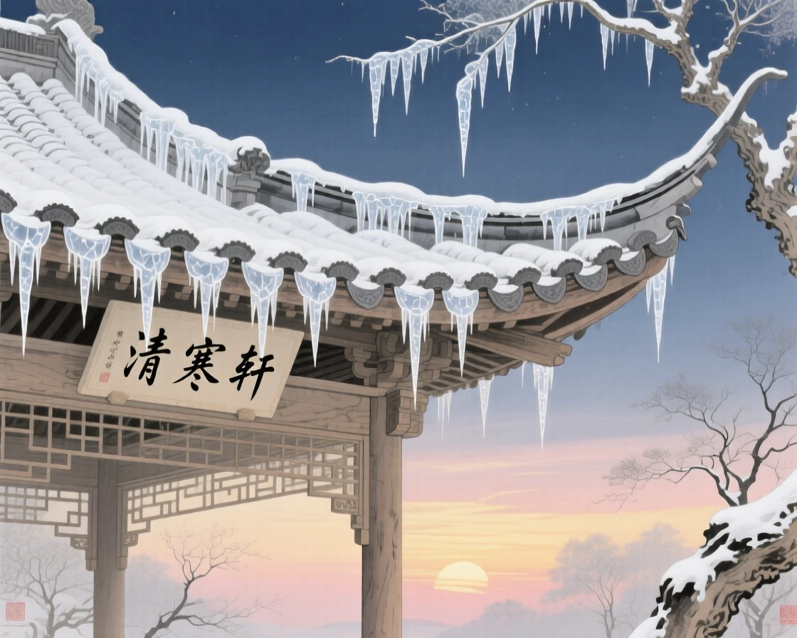 Icicles hanging from a garden pavilion roof after a winter storm, with the first light of dawn touching the horizon