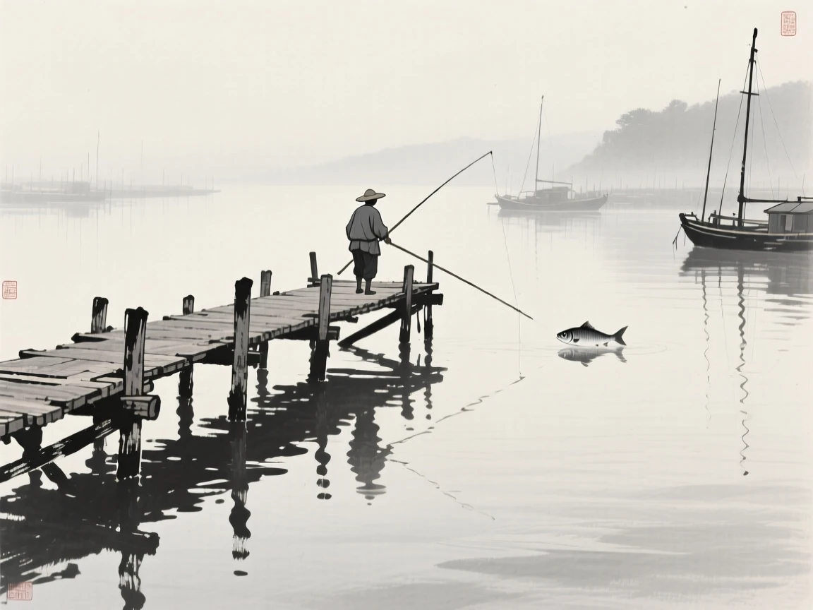 A fisherman's wooden pier extending into a misty harbor, seen from across still water, reflected on the surface, suggesting timeless craftsmanship and peaceful tradition.