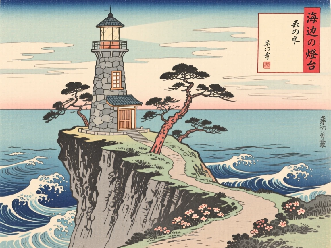 A stone coastal lighthouse perched dramatically above a steep cliff.