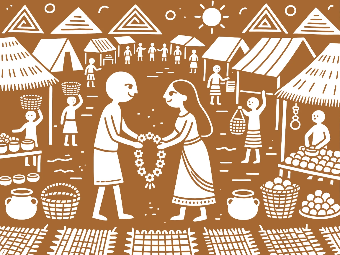 A couple exchanging garlands exchanging a gentle glance across a crowded market.