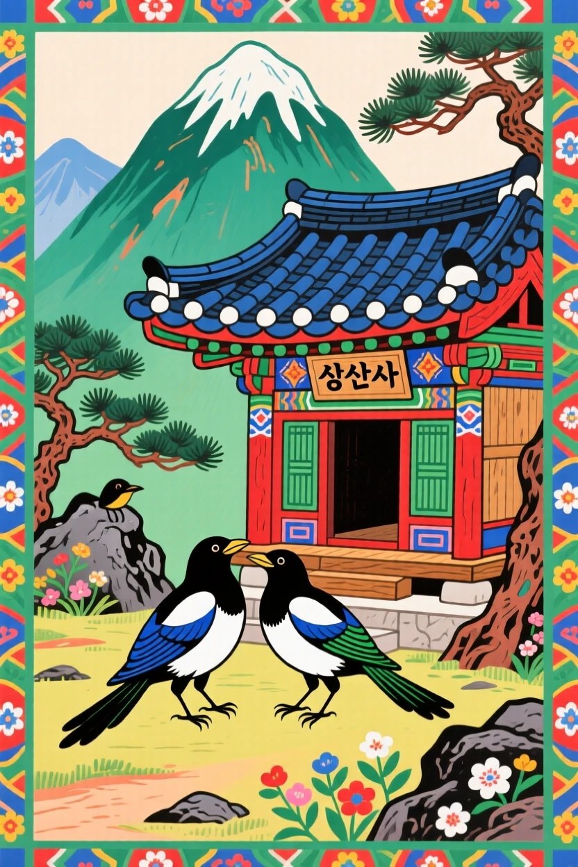 A pair of magpies resting beside a sacred mountain shrine.