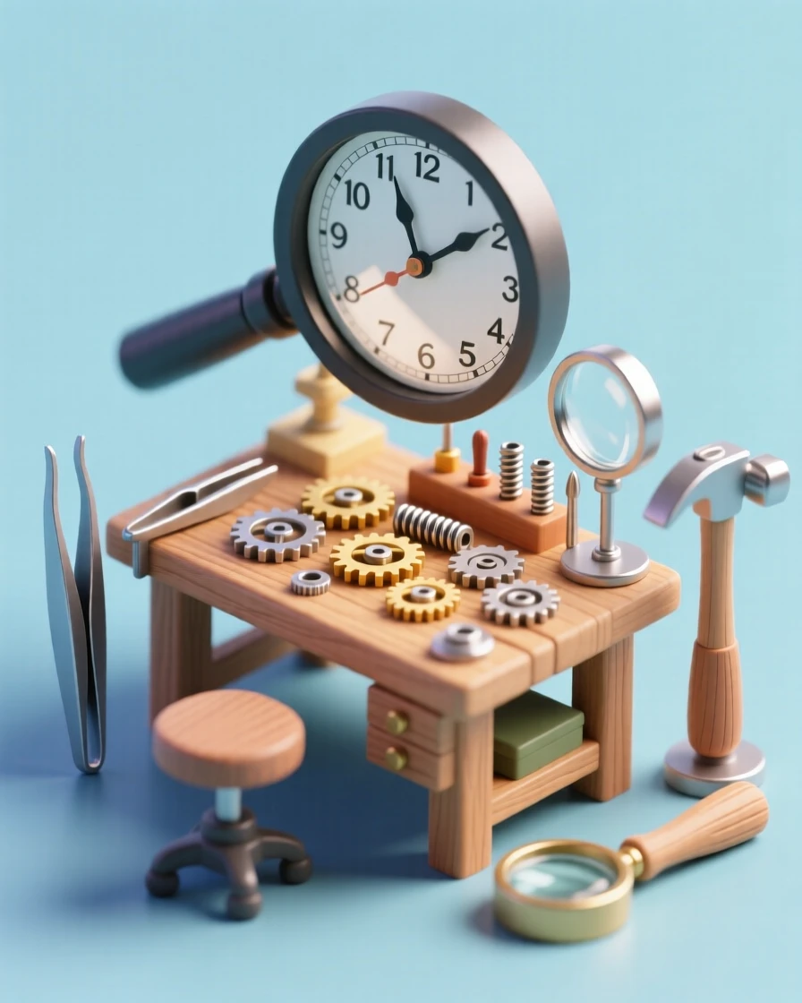 A miniature clock-making workshop with tiny gears and springs being assembled under a jeweler's loupe.