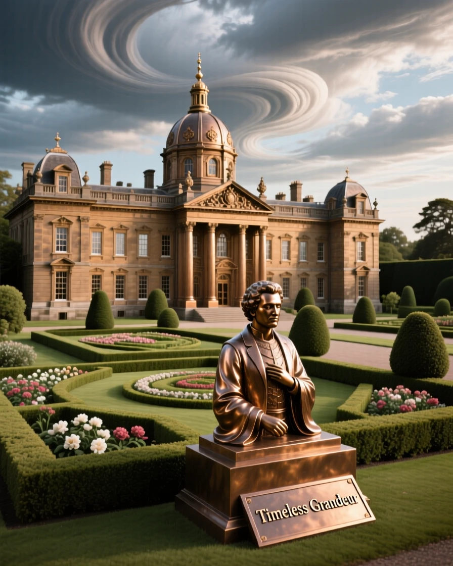 A majestic royal palace with manicured gardens, framed by a dramatic sky, exuding timeless grandeur