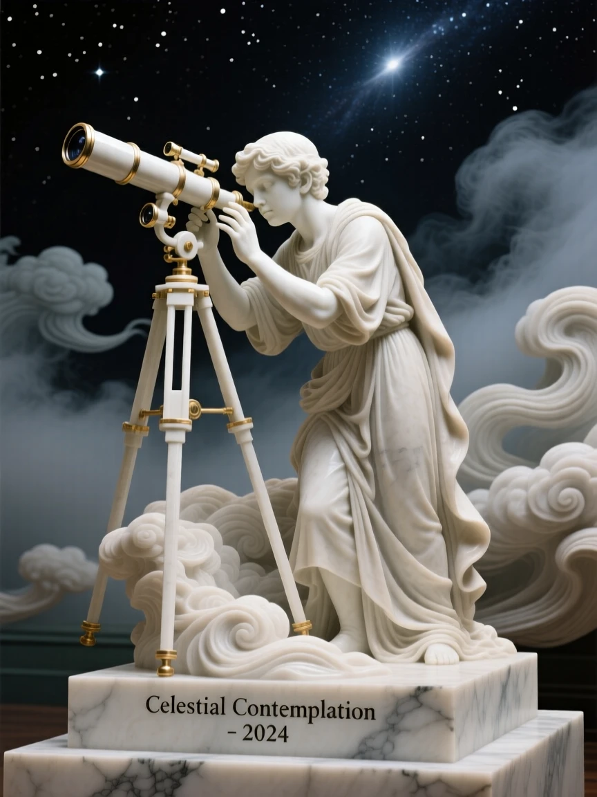 A beautifully composed image of a young astronomer gazing through a telescope, amid swirling clouds and mist, full of atmosphere and visual storytelling