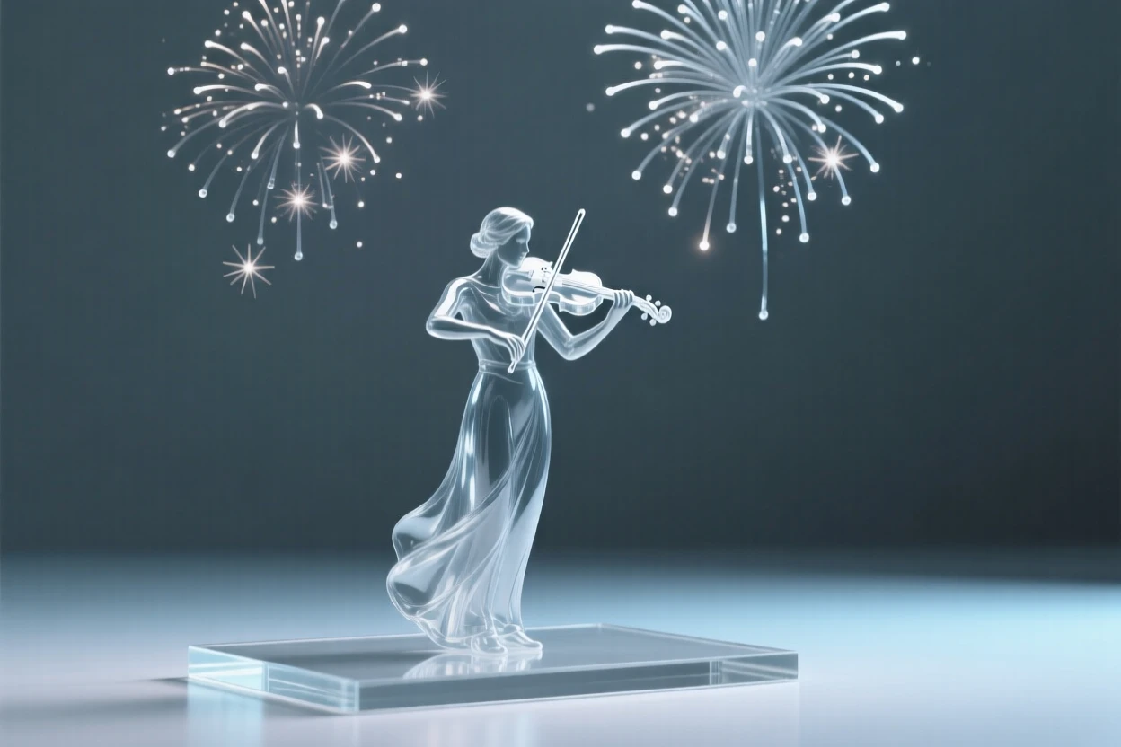 A violinist performing alone on an empty stage as fireworks burst quietly in the sky above