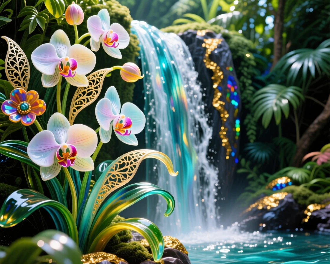 A field of blooming orchids cascading down a jungle waterfall cliff, exotic and lush.