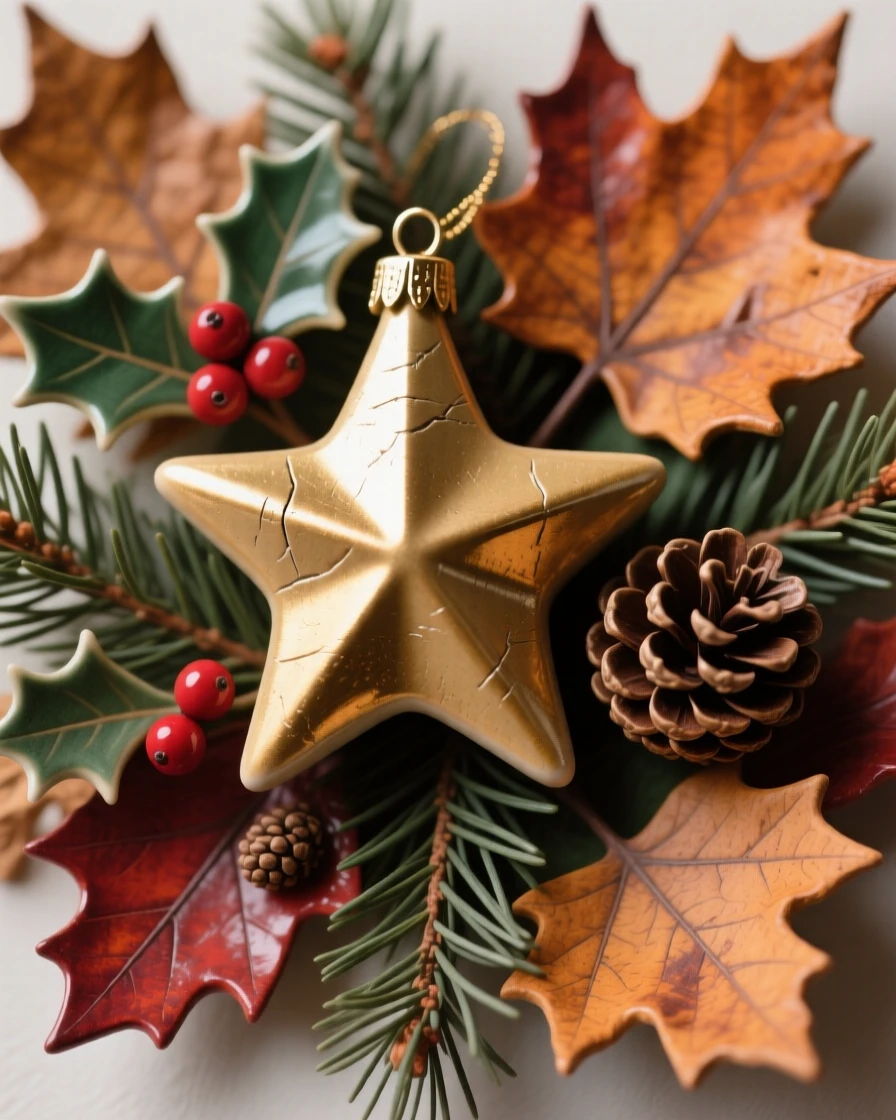 A Christmas tree ornament shaped like a tiny star arranged among traditional seasonal motifs, framed by autumn leaves in warm hues, capturing the magic of a beloved seasonal moment.