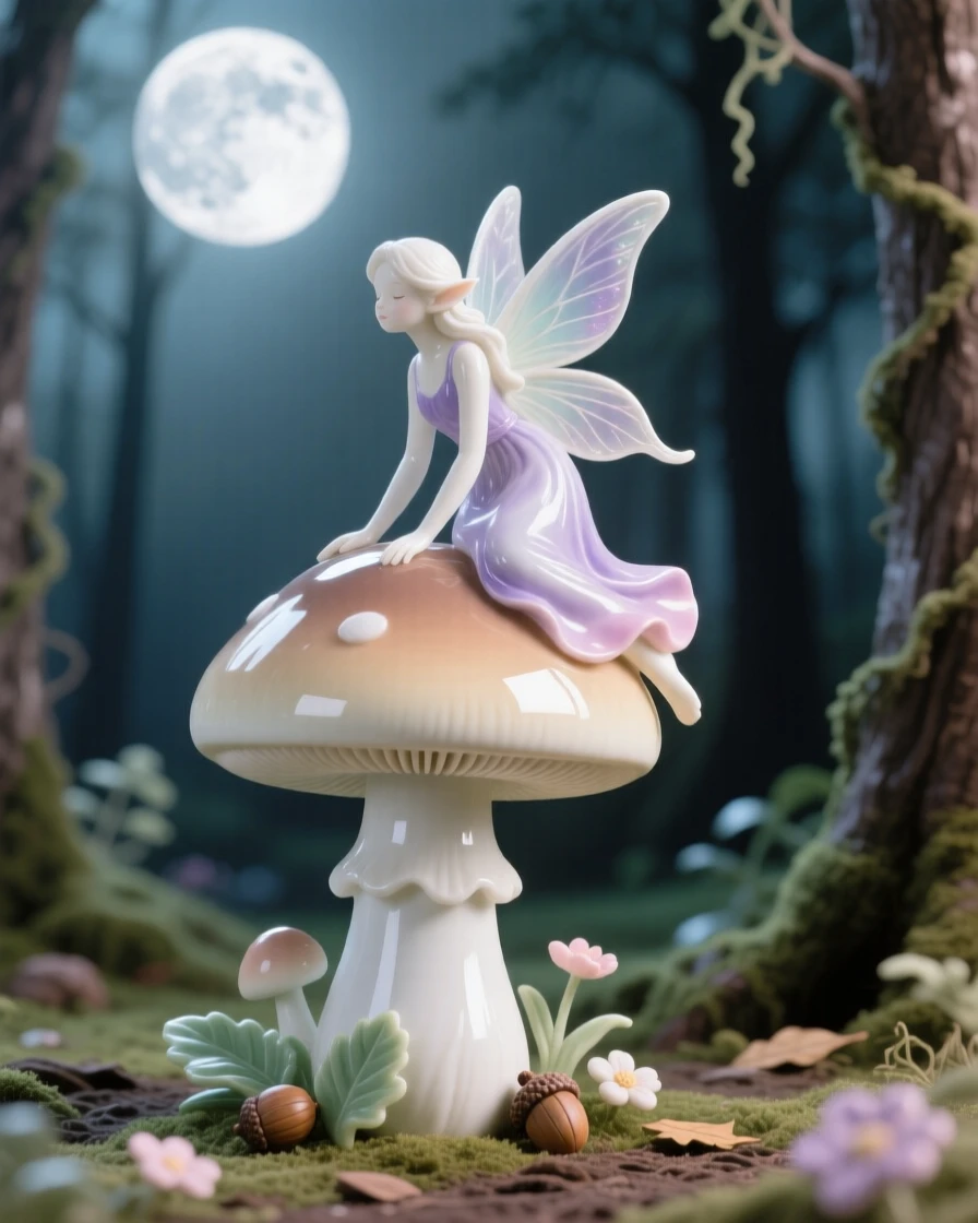 A whimsical scene of a tiny woodland fairy perched on a mushroom beneath a glowing moon in an enchanted forest clearing.