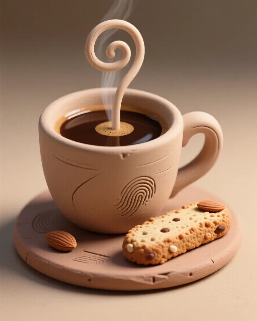 A steaming cup of espresso beside a delicate biscotti
