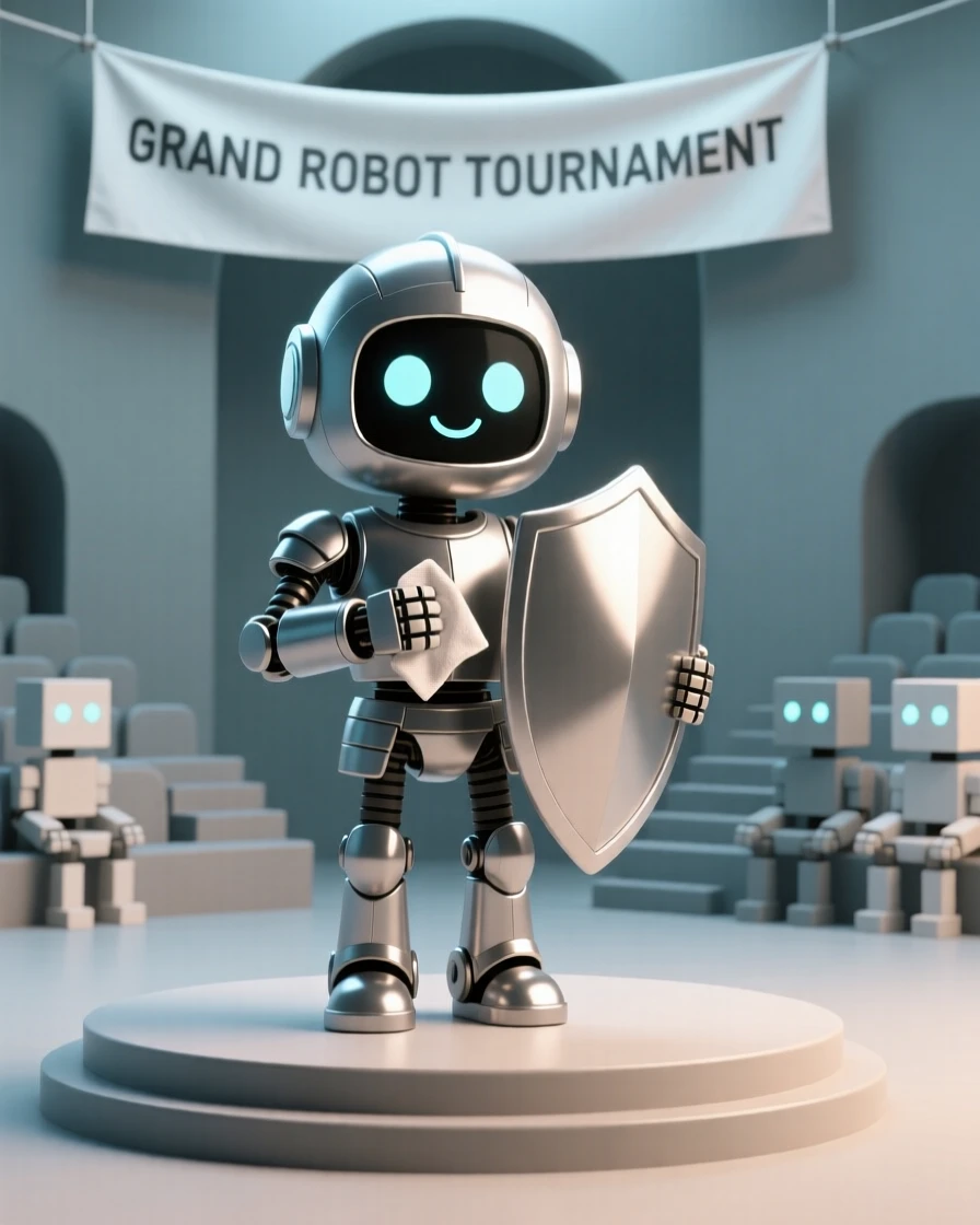 A determined robot knight polishes gleaming armor plates before a grand robotic tournament in a bustling arena.